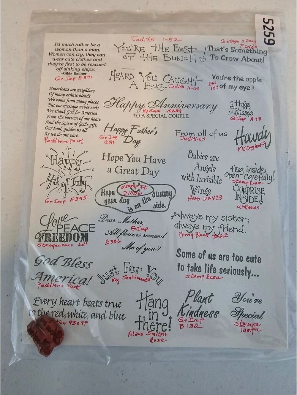 Lot of Unmounted Rubber Stamps Various Phrases Vintage Sister Friend Holiday